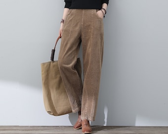 Corduroy Wide Leg pants, Corduroy Long Pants, Women Long Pants, Elastic Waist Corduroy Pants, Khaki Corduroy Pants, Ylistyle C3020