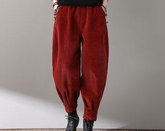 Red corduroy pants, Casual pants, Long pants, Vintage winter women's high waist pants, harem pants, Plus size pants, custom made pants C1811