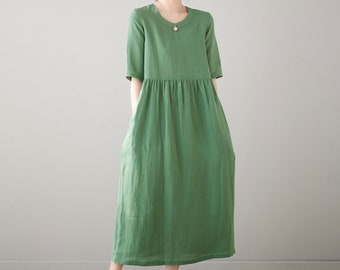 Linen Dress, Green Dress, Linen Midi Dress, Womens Linen Dress, Long Linen Dress, Summer Linen Dress, Short Sleeve Dress, Casual Dress C3184