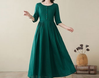 Linen Maxi Dress, Green Linen Dress for women, Button Front Dress, Pleated dress, Summer Swing Dress, Custom Dress, Ylistyle C3947