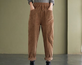 Pantaloni Largo Donna Vita Alta In Velluto A Coste – Y2K Casual Streetwear – Colore Verde Taglia L