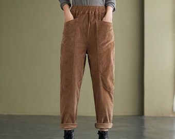 Pantaloni Largo Donna Vita Alta In Velluto A Coste – Y2K Casual Streetwear – Colore Verde Taglia L