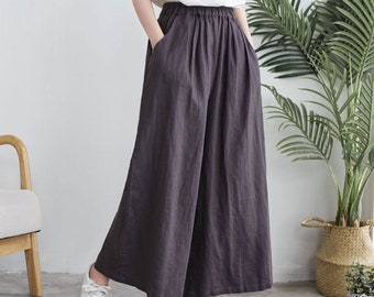 wide leg Linen pants, womens Palazzo Pants, Cropped Pants, elastic waist linen Trousers,  Women Pants, Summer Spring Pants C1916