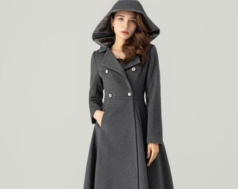 Long Wool Coat, Hooded Wool Coat, Winter Wool Coat, Womens Coat, Long Dress Coat, Double Breasted Coat, Custom Coat, Ylistyle C3704