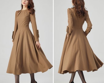 Wool Dress, Winter Dress Women, Fit and Flare Dress, Dress with Pockets, Long Sleeves Dress, Midi Wool Dress, Handmade Dress, Ylistyle C3540