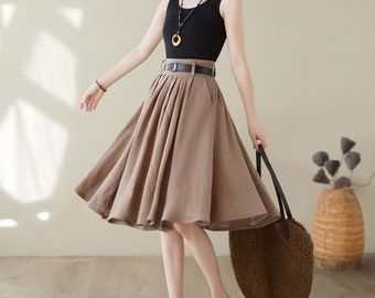 Swing midi skirt, Linen Full Circle Skirt, Pleated High Waist Skirt Women, Summer Skirt with Pockets, Knee Length Skirt, ylistyle C3946