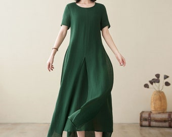 Green linen dress, Summer split dress, Short sleeve maxi linen dress for women, Casual dress with pockets, Plus size dress, ylistyle C3949