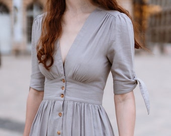 Linen Dress, Deep V neck French Minimalist Cotton-Linen Midi Dress, Womens button front dress, Customized Cottagecore Dress, Ylistyle C2914