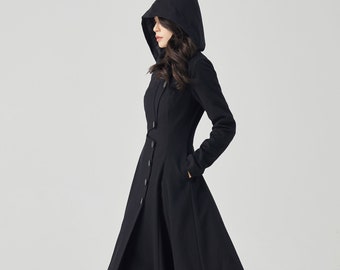 Black Wool Coat, Long Wool Coat, Hooded Wool Coat, Trench Black Wool Coat, Long Wool Coat, Hooded Wool Coat, Trench