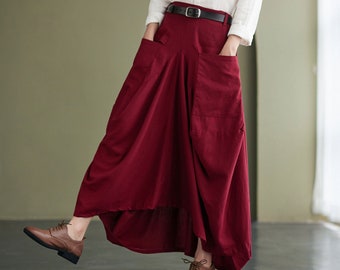 Jupe en lin avec poches, jupes longues asymétriques en lin, jupe longue en lin simple, jupe décontractée grande taille pour femme, vêtements faits main C2428