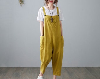 Linnen jumpsuit vrouwen, Casual linnen overalls, losse pasvorm linnen harem jumpsuits, gele linnen jumpsuit, vrouwen linnen romper, Ylistyle C2100