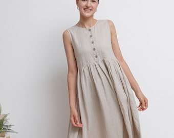 Pleated Smock Linen Dress, Button Up Midi Dress, Sleeveless Dress, Womens Linen Dress, Summer Dress, Mama dress, Handmade Dress C2941