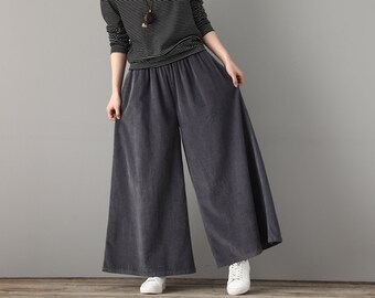 Gray Corduroy Pants, Palazzo Pants Women, Casual Wide Leg