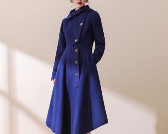 Blue wool coat, Asymmetric wool coat, Long wool coat, Hooded wool coat, wool coat women, winter coat women, handmade wool coat C1780