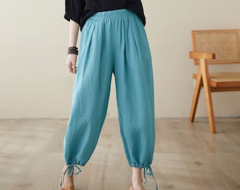 Casual linen pants, Blue pants women, Elastic Waist pants, Loose fit pants with pockets, Spring pants, Wide Leg Linen Pants, Ylistyle C3965