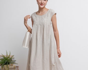 Smock Linen Dress, Linen Plus size Dress, Simple Midi Dress With Pockets, Womens Linen Dress, Summer Dress, Handmade dress, Mama dress C2939