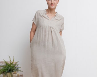 Linen tunic Dress, Linen Midi shift Dress, Plus size Dress, Womens Modest Dress, Simple Dress With Pockets, Custom Dress, Summer Dress C2940