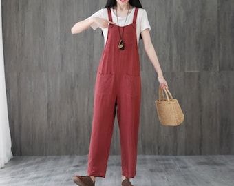 Linen overalls women, Casual Linen Jumpsuits, Baggy Overalls Pants, Vintage Linen Harem Pants, Summer Bib Rompers, Long Straight Pants C1959