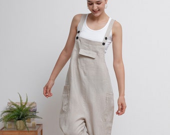 Casual Linen Overalls, Linen Jumpsuit Women, Wide Leg Linen Jumpsuits, Womens linen Romper, Linen Petite Jumpsuit, Overalls Summer C2946
