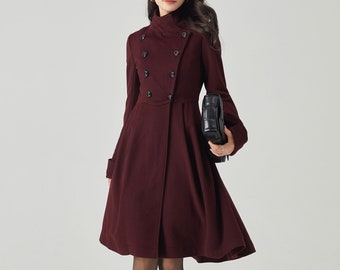 Wool Coat Women, Double Breasted Wool Coat, Fit and Flare Wool Coat, Wool Dress Coat, Plus Size Wool Coat, Asymmetrical Wool Coat C3566