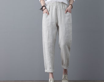 women elastic waist linen pants , casual minimal cropped pants, Long Linen pants, Tapered Linen Pants with pockets, Ylistyle C1863