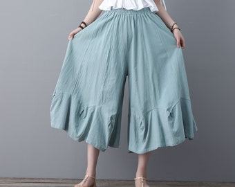 Linen pants, Linen Culottes, Skirt Pants, Plus Size Linen pants, Wide Leg pants, Women Ruffle Pants, Ylistyle, Oversize Culottes C1856