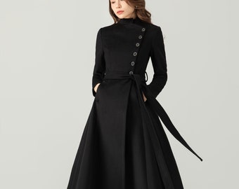 Black Long Wool Coat, Winter Wool Coat women, Asymmetrical Wool Coat, Wrap wool coat, Long Dress Coat, Custom Swing Coat, Ylistyle C3706