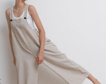 Cropped Linen Jumpsuit, Casual Linen Overalls, Wide Leg Linen Jumpsuits, Womens linen Romper, Linen Jumpsuit Women, Overalls Summer C2944