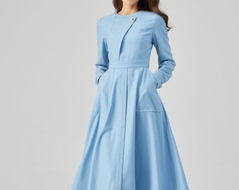 Blue Wool Dress, Winter Dress Women, Fitted Dress, Dress with Pockets, Long Sleeves Dress, Midi Wool Dress, Handmade Dress, Ylistyle C3541