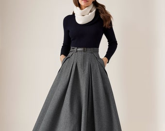 Gray Wool Skirt, Midi Skirt Women, Pleated Skirt, High Waisted Skirt, Flare Skirt, Winter Warm Skirt, Swing Skirt, Handmade Skirt C3553