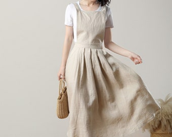 Linen dress, pinafore dress, summer dress, linen midi dress, dress with pockets, pleated dress, apron dress, beige dress, Ylistyle c3230