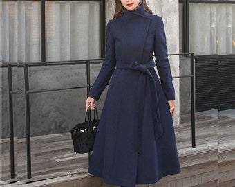 Blue Wool Coat Women, Long Wool Wrap Coat, Asymmetrical Warm Winter Coat, Wool Trench Coat, A-Line Belt Wool Coat, Ylistyle C2576