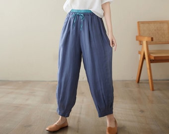 Leinenhose Frauen, Plus Größe Hose, Elastische Taille Hose, Lockere Freizeithose, Tapered Hose mit Taschen, Frühling Leinenhose, Ylistyle C3968