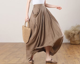 Linen Skirt, Maxi Skirts, Khaki Skirts for Women, Linen Maxi Skirt, Long Linen Skirt, Asymmetrical Skirt with Pockets, Custom Skirt C3272