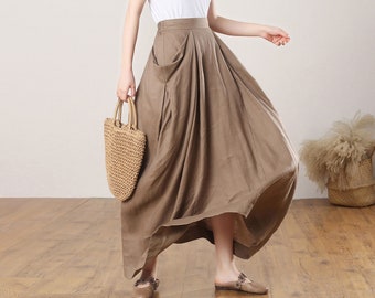 Linen Skirt, Maxi Skirts, Khaki Skirts for Women, Linen Maxi Skirt, Long Linen Skirt, Asymmetrical Skirt with Pockets, Custom Skirt C3272