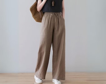 Women's High-Rise Wide Leg Linen Pull-On Pants, Long Linen pants, Causal Linen Slacks, Drawstring Elastic Waist Trousers Plus Size C2133