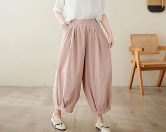 Pantaloni rosa da donna, pantaloni larghi con tasche, pantaloni a pieghe, pantaloni taglie forti, pantaloni con elastico in vita, pantaloni casual primaverili, Ylistyle C3971