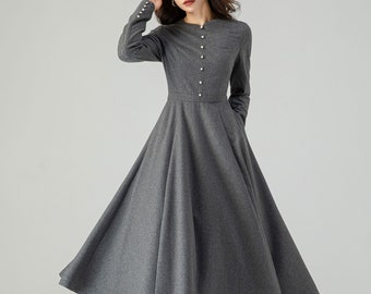 Fit and Flare Dress, Gray Dress, Wool Dress Women, Swing Dress, Dress with pockets, Winter Dresses, Handmade Dress, Ylistyle C3613