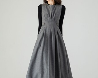 Wool Dress Women, Midi Dress, Gray Dress, Pleated Dress, Fit and Flare Dress, Winter Dress, Casual Dress, Handmade Dress, Ylistyle C3618