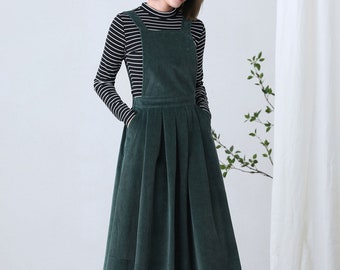 Dark Green Corduroy Pinafore Dress, Long Maxi Apron Dress, Pleated Corduroy Overalls Dress, Plus Size Dress, Swing Dress with Pockets C2613
