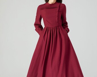 Winter Wool Dress, Fit and Flare Dress, Pleated Dress, Midi Wool Dress, Burgundy Dress, Womens Dresses, Plus Size Dress, Ylistyle C3608