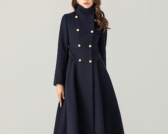 May include: A navy blue double-breasted coat with gold buttons and a high collar. The coat has a flared skirt and is knee-length.