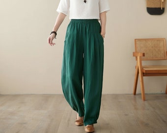 Casual linen long pants, Elastic Waist pants, Loose fit pants with pockets, Spring women pants, Wide Leg Linen Pants, Ylistyle C3960