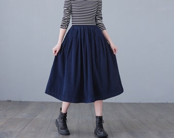 Blue Corduroy Skirt, Midi skirt, High Elastic Waist Skirt, Plus Size Skirt, Pleated Skirt with Pocket, Spring fall Skirt, Causal Skirt C2617