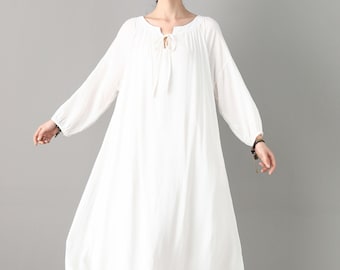 Weißes Leinenkleid, Langarm Leinen Maxikleid, Umstandskleid, Lässiges Leinenkleid, Damen Leinenkleid, Personalisiertes Plus Size Kleid C1809