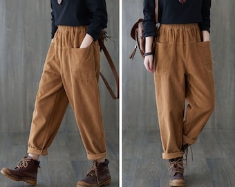 Corduroy pants, Womens brown pants, Autumn and winter loose large size harem pants, Casual trousers, Handmade Harem pants, Ylistyle C1818