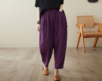 Linen pants women, Plus size pants, Elastic Waist pants, Loose fit pants with pockets, Spring pants, Casual Linen Pants, Ylistyle C3967