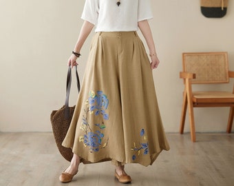 Loose Linen pants, Linen maxi pants, printed skirt pants, asymmetrical pants, Swing pants, pants with pockets, Custom pants, Ylistyle C3959