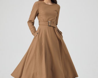 Midi Wool Dress, Belted Dress, Fit and Flare Dress, Autumn Dress Women, Pockets Dress, Casual Dress, Made to Order, Plus Size Dress C3543