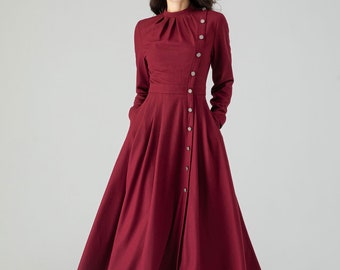 Wool Dress Women, Pleated Dress, Dress with pockets, Midi Wool Dress, Burgundy Dress, Autumn Dresses, Plus Size Dress, Ylistyle C3609